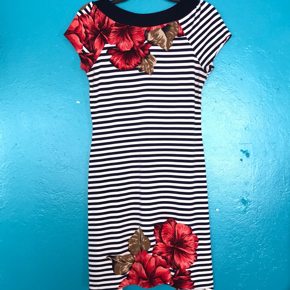 Blue striped dress with flowers.